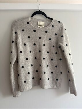 White + Warren Gray Cashmere Crewneck Sweater with Black Polka Dots